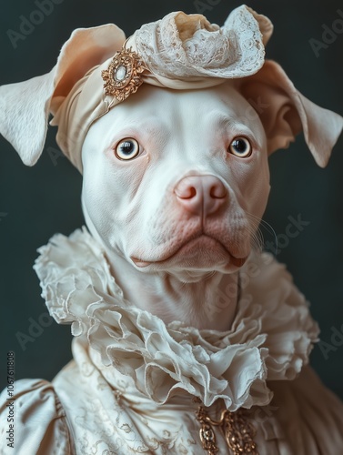 an ultra-realistic albino dog standing human like looking into camera wearing white victorian tudor clothing