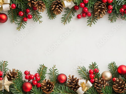 Festive Christmas Frame with Evergreen Branches, Pinecones, Red Ornaments, and Berries – Perfect Holiday BackgroundUntitled design - 1 photo