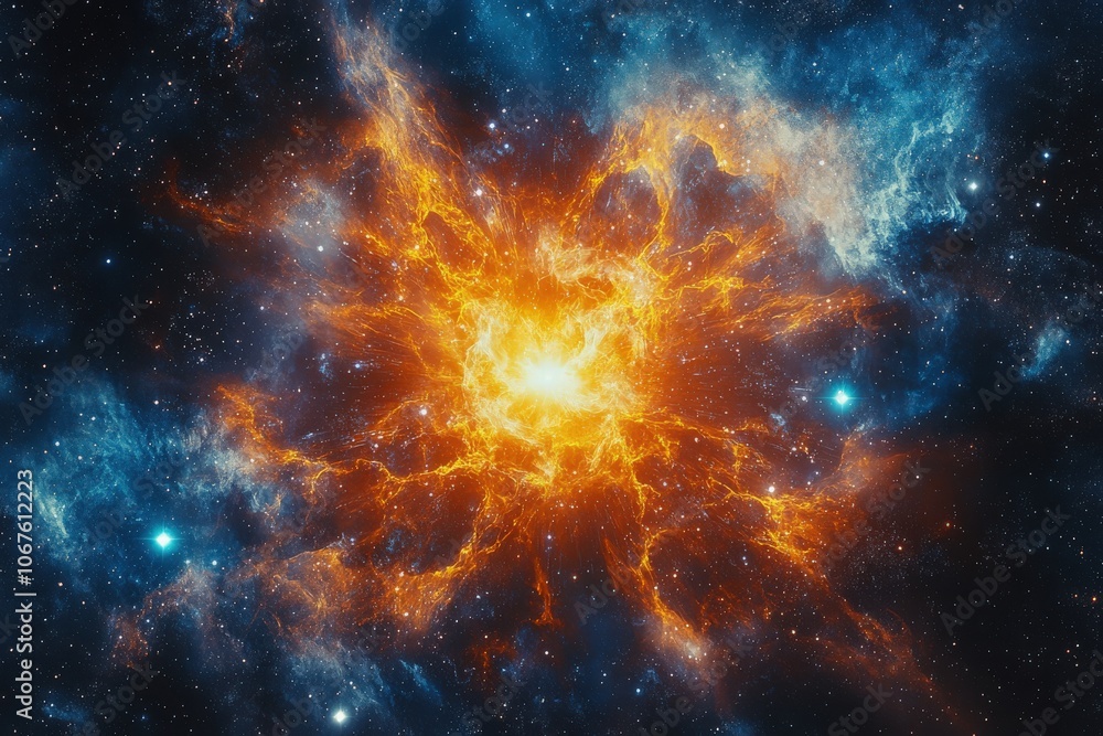 Naklejka premium A Starburst Nebula Exploding in a Cosmic Dance of Light and Energy