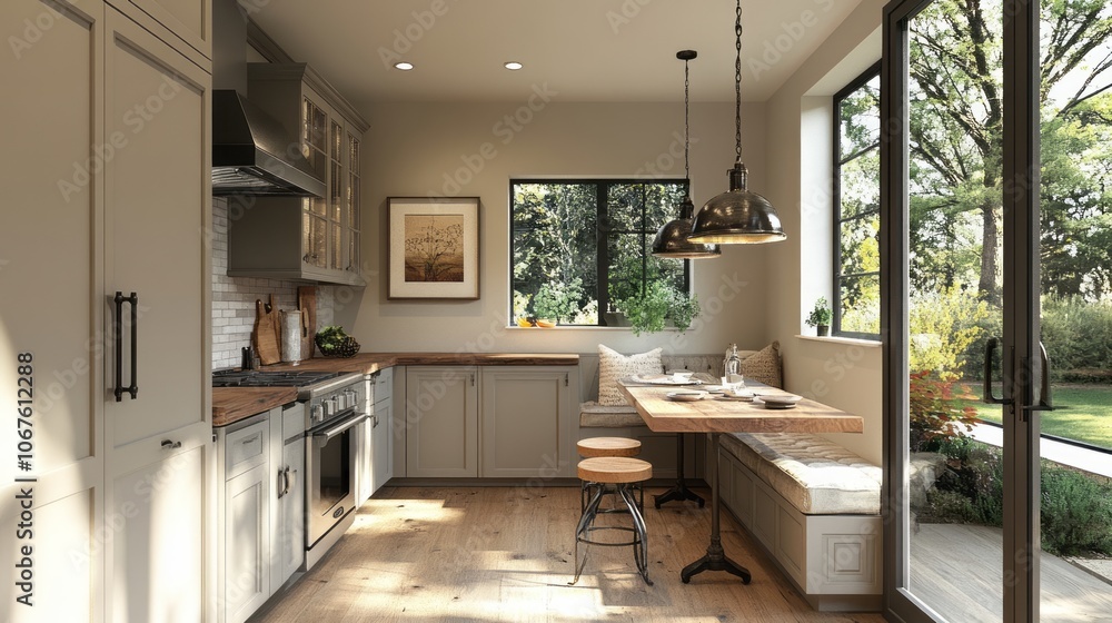 Modern Kitchen with Rustic Accents and Garden View Modern Kitchen with Rustic Accents and Garden View