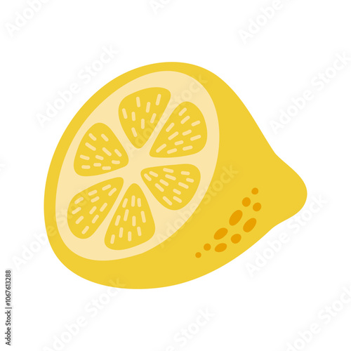 Single juicy halved cut lemon. Hand drawn cartoon summer fruit illustration