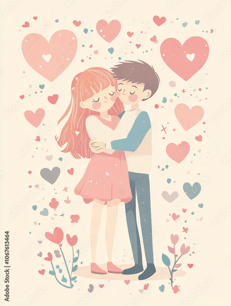 Cute couple illustration in pastel colors with hearts and flowers, conveying love and affection in a charming, whimsical setting Cute couple illustration in pastel colors with hearts and flowers, conveying love and affection in a charming, whimsical setting