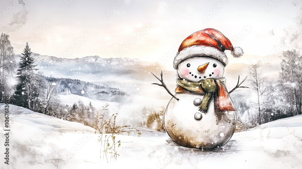 Obraz premium Cheerful Snowman in Red Santa Hat and Green Scarf: Perfect Poster for Winter Sports Decor or Holiday-Themed Room