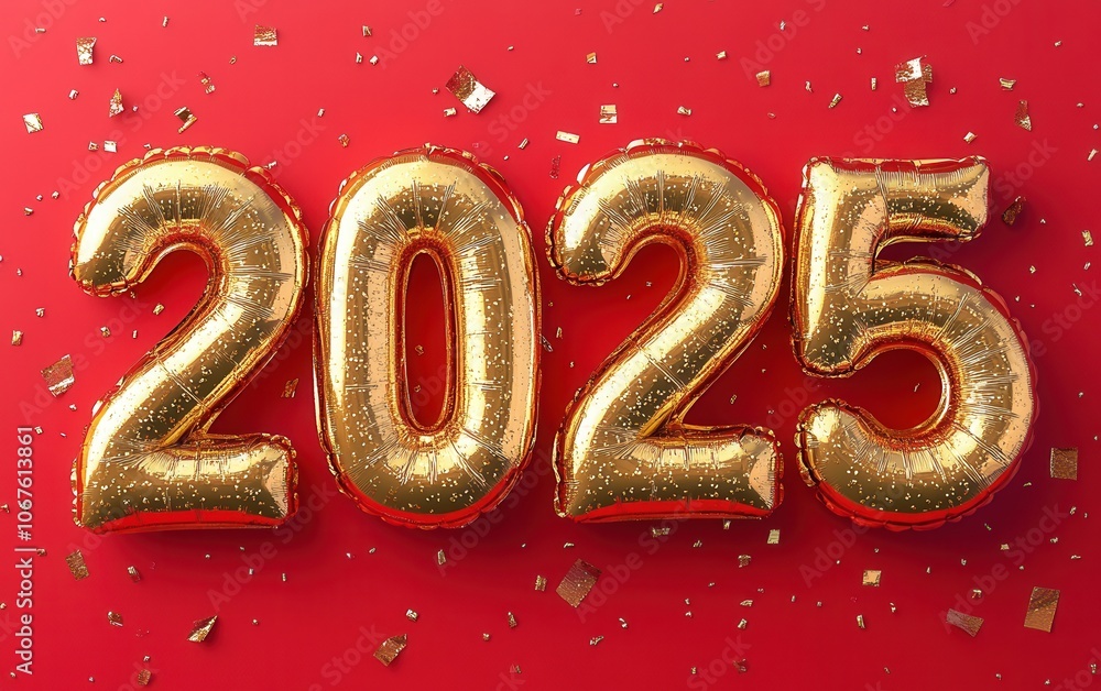 Golden balloons depicting the year 2025 stand out against a vibrant red backdrop. Surrounding the numbers are scattered confetti and decorative ornaments, enhancing the festive mood. Golden balloons depicting the year 2025 stand out against a vibrant red backdrop. Surrounding the numbers are scattered confetti and decorative ornaments, enhancing the festive mood.