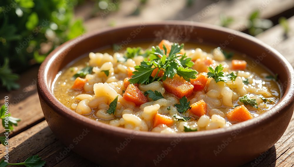 Hearty vegetable soup with pasta in rustic bowl Hearty vegetable soup with pasta in rustic bowl
