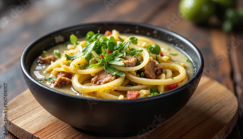 Savory noodle soup with meat and fresh herbs in black bowl