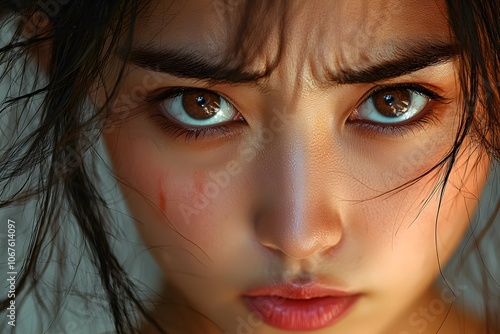 Intense expression: close-up of a woman's determined face with bold eyes and furrowed brows