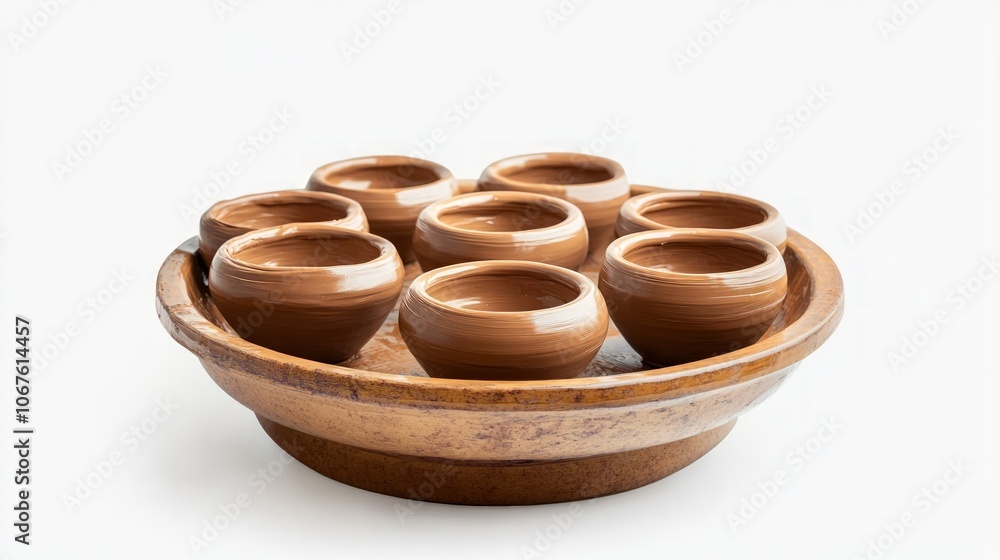 Pottery Wheel with Fresh Clay Pots, a vibrant display of artisanal craftsmanship, highlighting the beauty of handmade ceramics set against a minimalist white backdrop Pottery Wheel with Fresh Clay Pots, a vibrant display of artisanal craftsmanship, highlighting the beauty of handmade ceramics set against a minimalist white backdrop