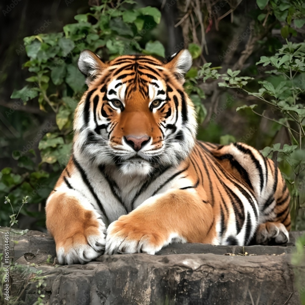 Fototapeta premium Regal Bengal Tiger Resting Amidst Greenery 