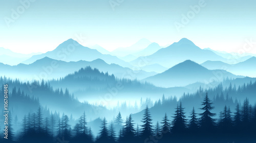 Silhouetted pine trees stand in front of misty blue mountains under a clear sky. Concept nature, calm, tranquility.