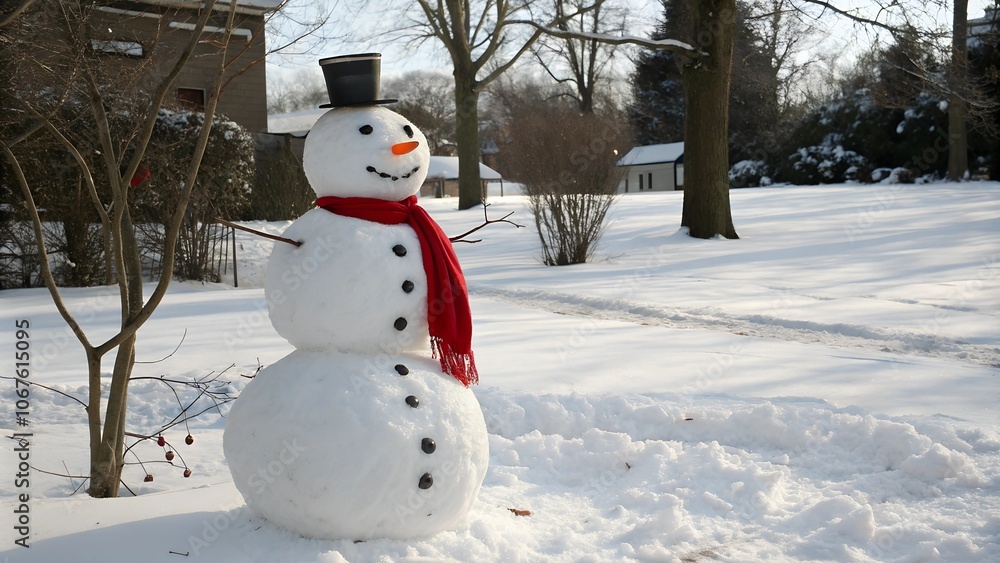Obraz premium Snowman with scarf and top hat in snowy yard