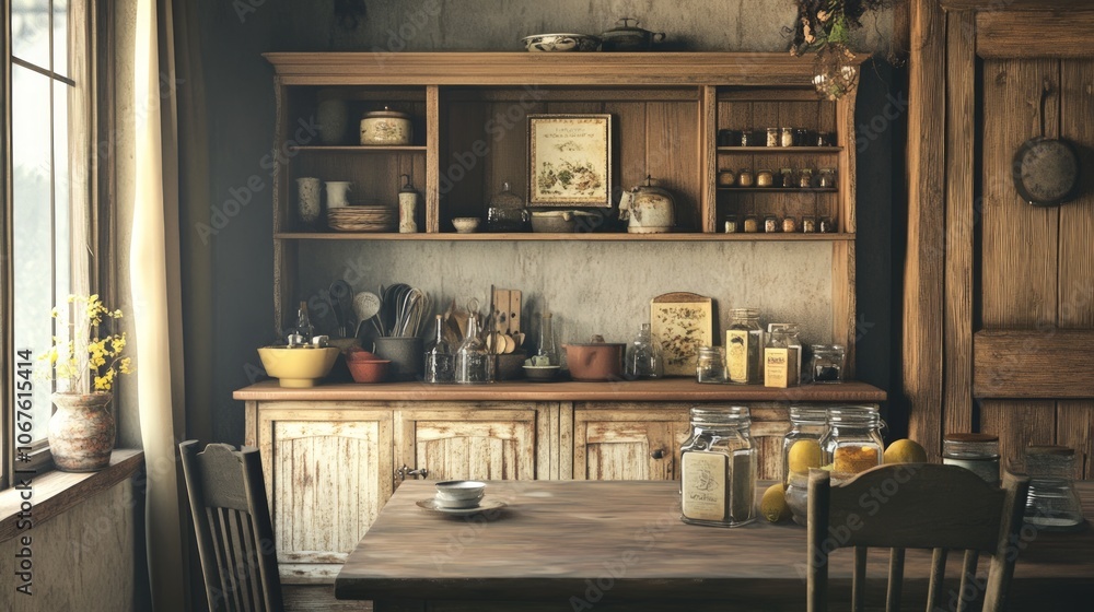 Rustic Dining Room Charm, a cozy farmhouse buffet adorned with vintage cookbooks and mason jars, inviting warmth and nostalgia for family gatherings and meals. Rustic Dining Room Charm, a cozy farmhouse buffet adorned with vintage cookbooks and mason jars, inviting warmth and nostalgia for family gatherings and meals.