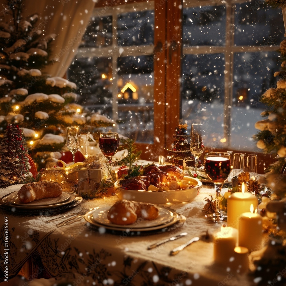 Festive dinner: Buddies celebrate Christmas at home amidst a snowy backdrop. Festive dinner: Buddies celebrate Christmas at home amidst a snowy backdrop.