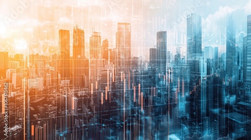 Real estate investing concept portrayed with double exposure skyscrapers and financial chart graphs, showcasing the relationship between urban development and market trends