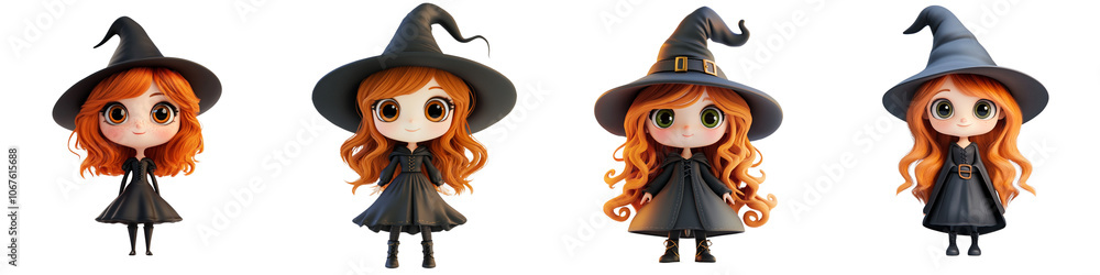 collection Set of A 3D cute witch character, ginger hair and big eyes, full body with hat isolated on a transparent background cutout PNG file collection Set of A 3D cute witch character, ginger hair and big eyes, full body with hat isolated on a transparent background cutout PNG file