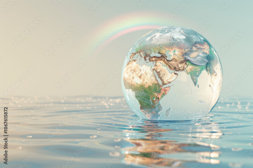 An elegant globe made of water with a rainbow. World Water Day and Earth.