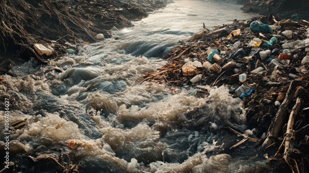 Fototapeta premium A polluted river with plastic and debris flowing through it.