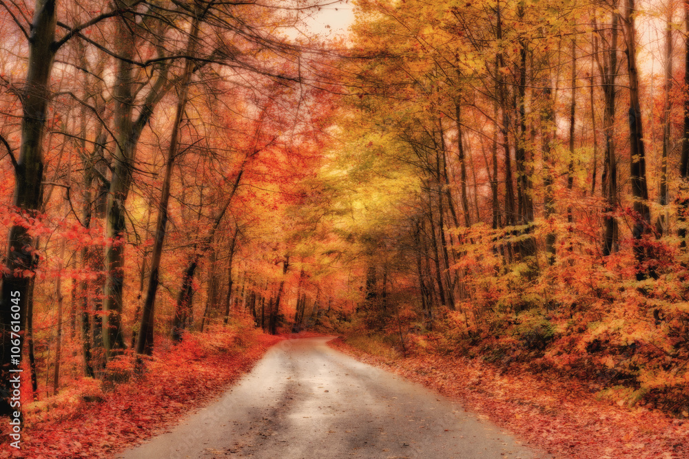 Trees, forest and road in autumn with red leaves, ground or color in morning, street and countryside. Woods, travel and outdoor in fall on path, landscape and environment in nature at park in Canada Trees, forest and road in autumn with red leaves, ground or color in morning, street and countryside. Woods, travel and outdoor in fall on path, landscape and environment in nature at park in Canada