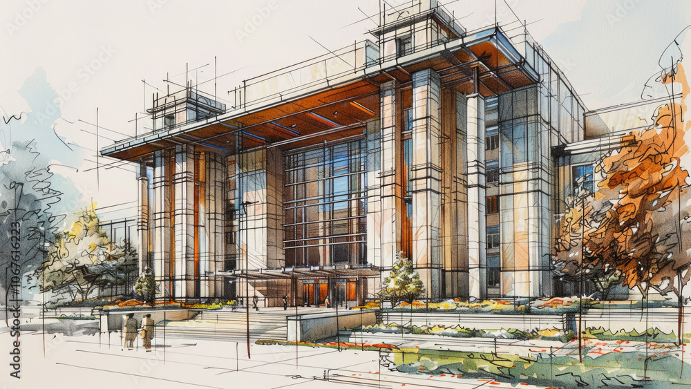Modern Architectural Sketch of Glass Building with Orange Accents Modern Architectural Sketch of Glass Building with Orange Accents