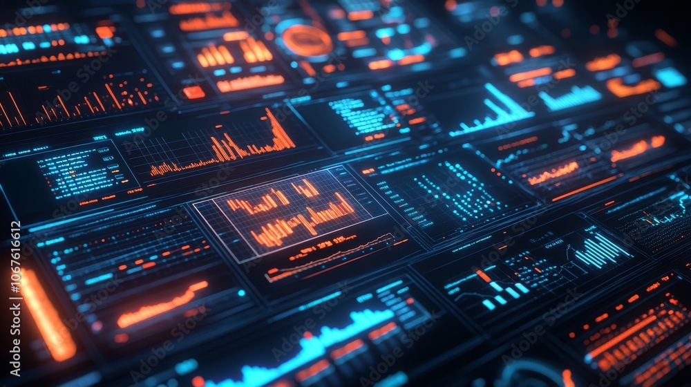 A futuristic digital dashboard displaying real-time stock market trends A futuristic digital dashboard displaying real-time stock market trends