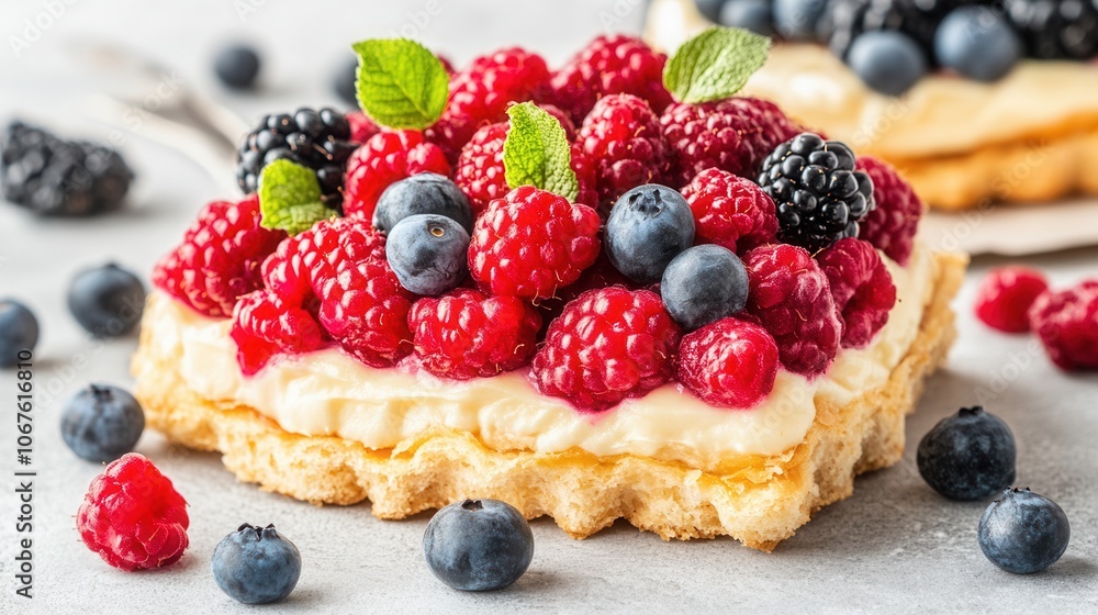Fresh berry tart with creamy filling on textured surface Fresh berry tart with creamy filling on textured surface