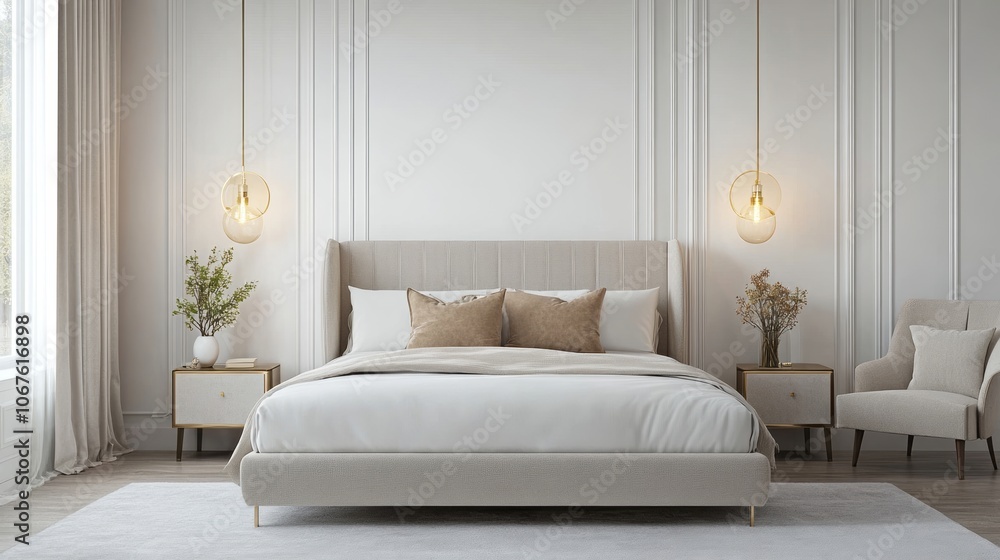 Fototapeta premium Modern Bedroom with Gray Upholstery and Gold Accents