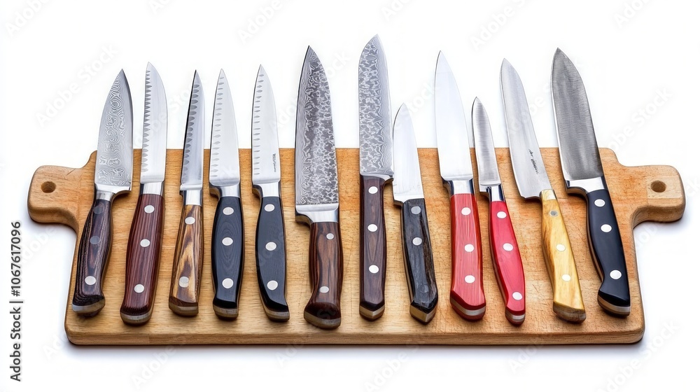 Elegant kitchen knife set displayed on a wooden cutting board, showcasing sleek designs and sharp blades, perfect for culinary enthusiasts and professional chefs. Elegant kitchen knife set displayed on a wooden cutting board, showcasing sleek designs and sharp blades, perfect for culinary enthusiasts and professional chefs.