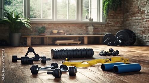 Home workout essentials featuring an array of dumbbells, resistance bands, and a mat, ready for a fitness routine in a cozy indoor space.