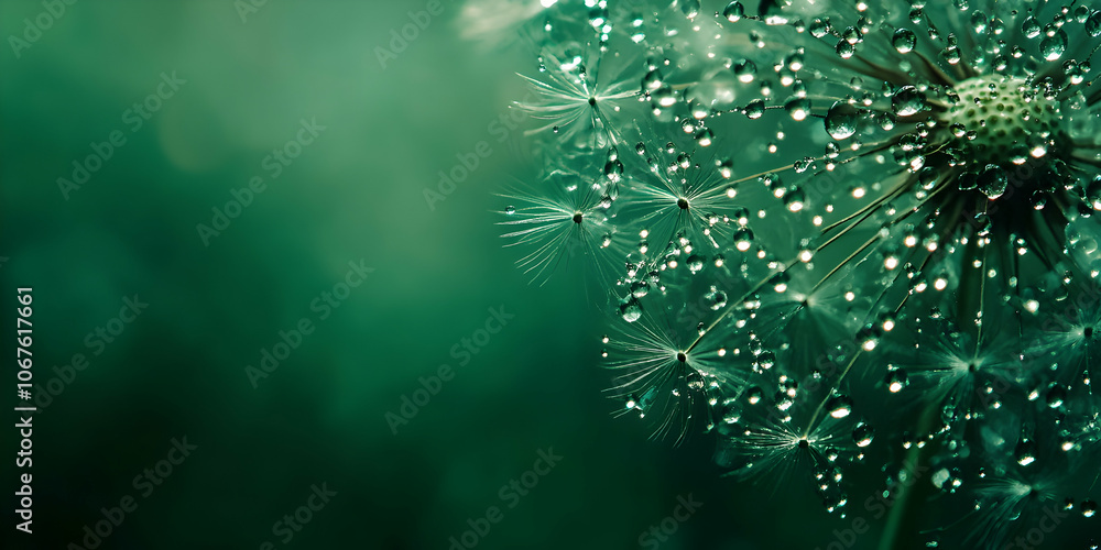 Dandelion with dew drops against a green background, showcasing naturea??s detail Dandelion with dew drops against a green background, showcasing naturea??s detail