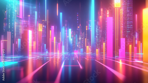 Simple illustration of abstract neon modern, futuristic cityscape with bright digital lights.