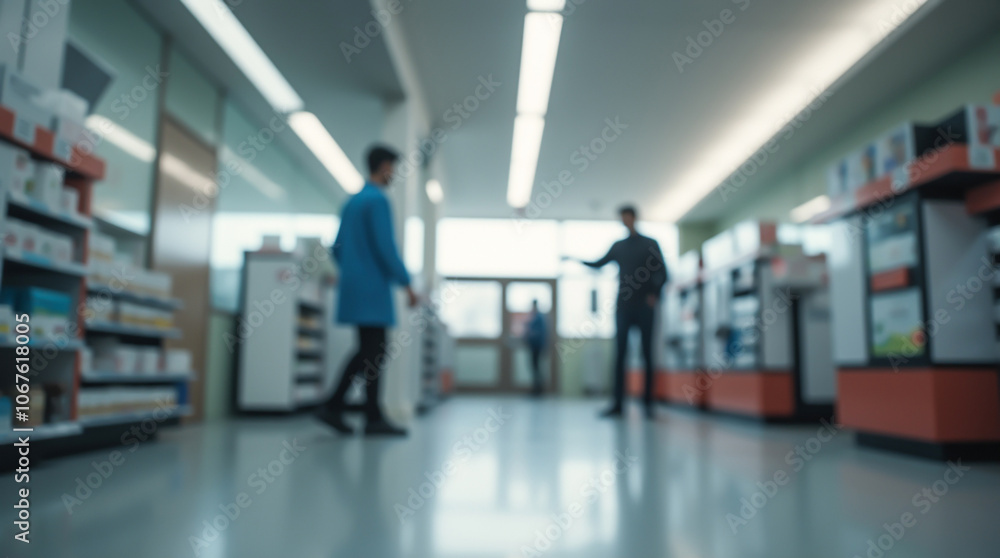 Fototapeta premium Blurred image of people choosing medications in the pharmacy among shelves with drugs and pharmacists