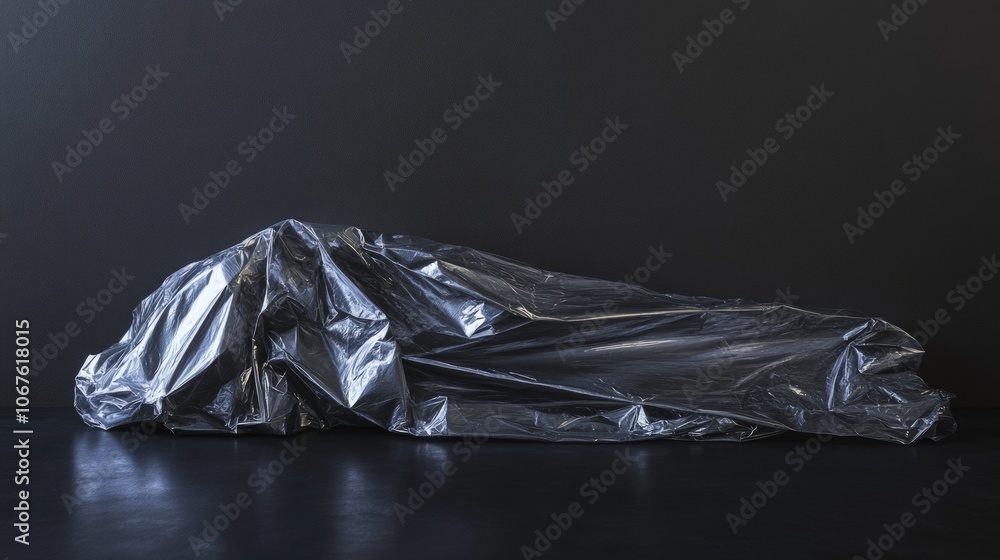Wrinkled plastic wrap on a sleek black surface, showcasing a minimalist design, emphasizing texture and contrast in an engaging and modern aesthetic. Wrinkled plastic wrap on a sleek black surface, showcasing a minimalist design, emphasizing texture and contrast in an engaging and modern aesthetic.