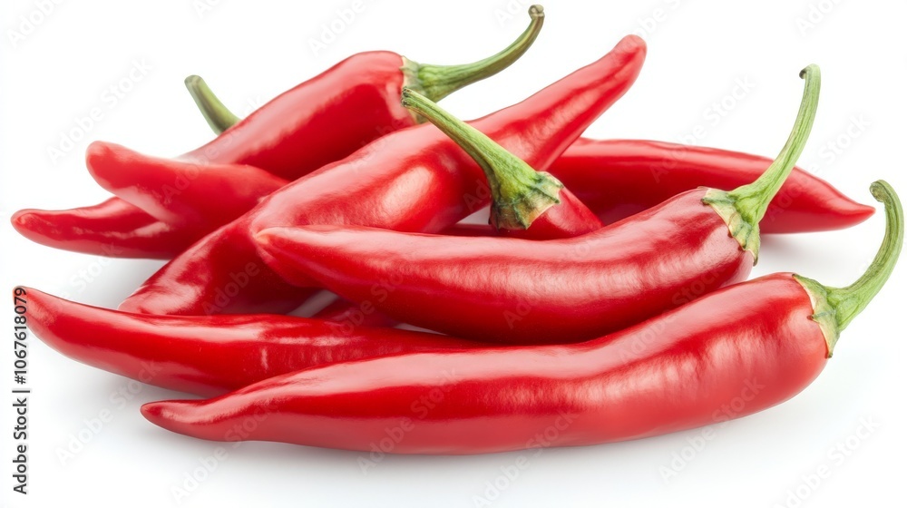 A group of fresh red chili peppers rests prominently against a stark white background, highlighting their bright color and smooth skin. They appear appetizing and full of flavor A group of fresh red chili peppers rests prominently against a stark white background, highlighting their bright color and smooth skin. They appear appetizing and full of flavor