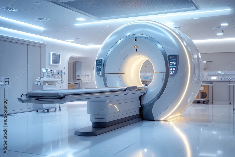 High-tech medical imaging device in a modern hospital setting during daylight hours High-tech medical imaging device in a modern hospital setting during daylight hours