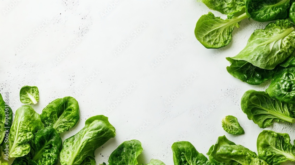 Obraz premium Bright green hd cos lettuce leaves are artfully placed on a clean white background, showcasing their crisp texture and vibrant color, perfect for salads and healthy dishes