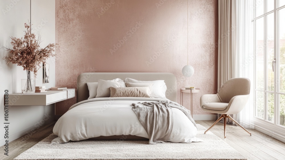 Naklejka premium Modern Bedroom Interior with Rose Gold Wall and White Bed