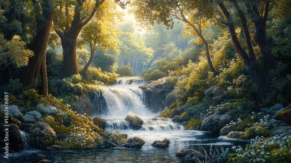 Serene Waterfall in a Lush Forest Serene Waterfall in a Lush Forest