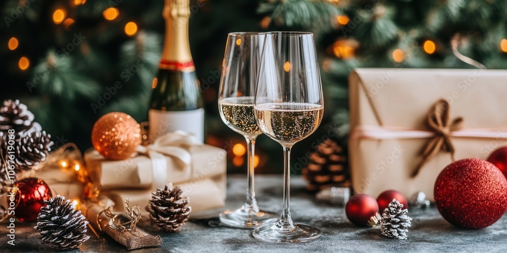Festive champagne celebration with Christmas decorations Festive champagne celebration with Christmas decorations
