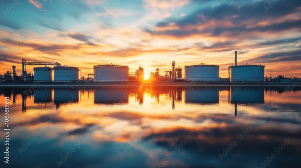 Industrial landscape captures the beauty of sunset reflections on water Industrial landscape captures the beauty of sunset reflections on water