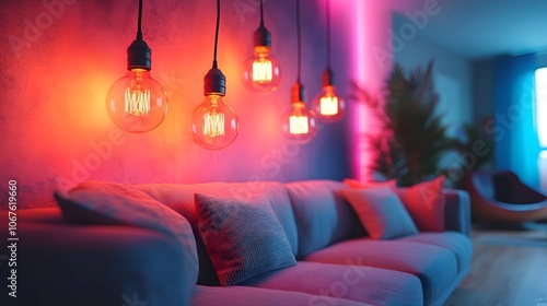 Cozy Lounge with Edison Bulbs and Colorful Sofa photo