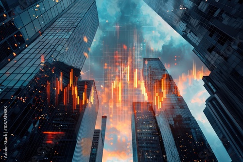 Real estate development and investment concept featuring a growing digital financial chart 