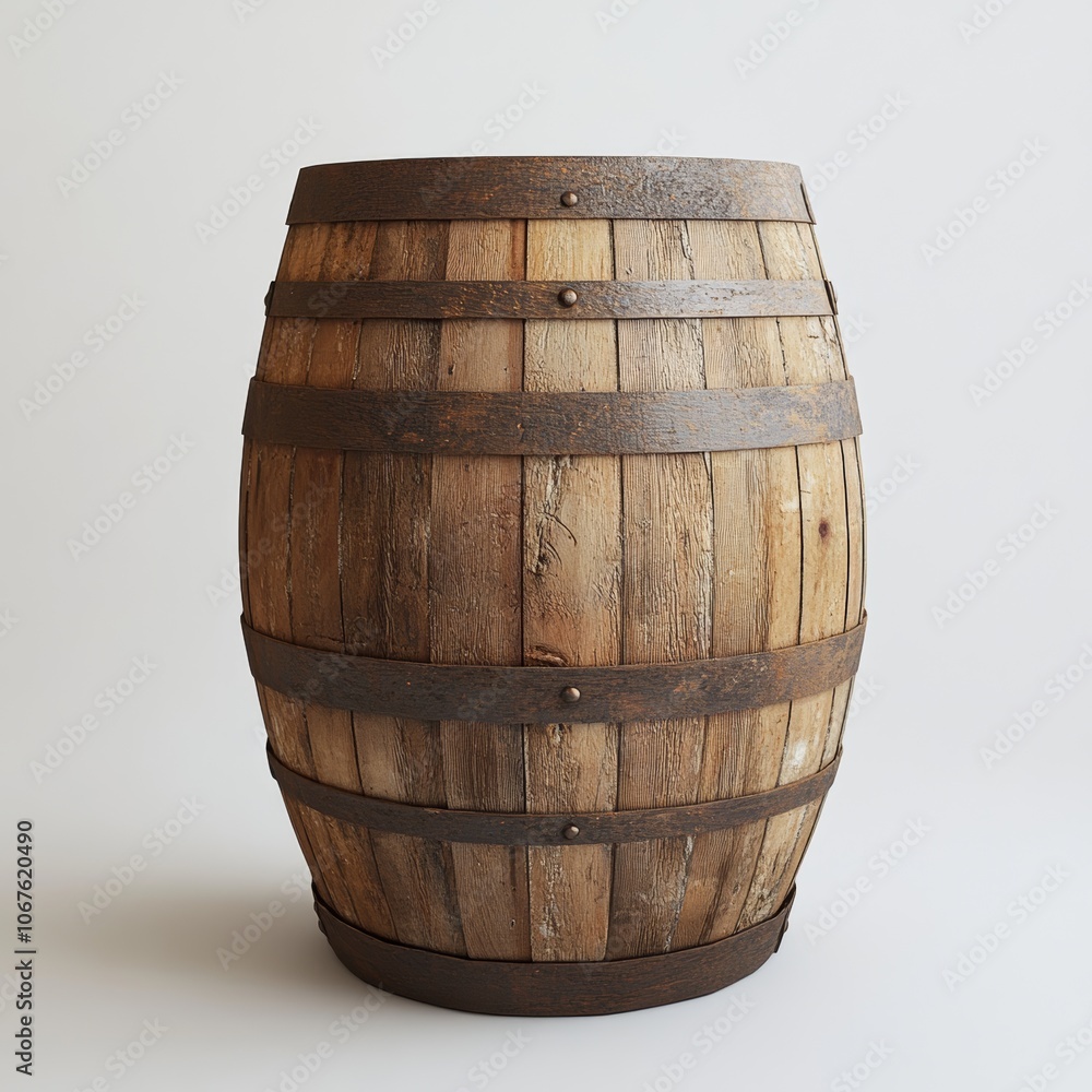 Obraz premium A wooden barrel, all by itself, against a plain white backdrop.