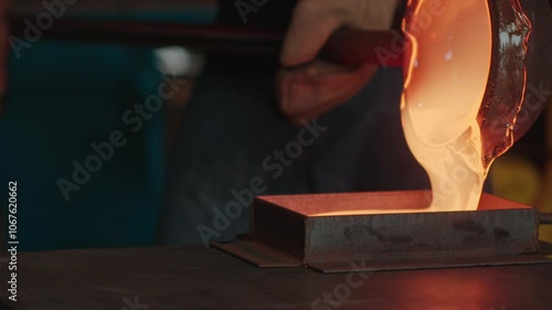 Two workers pour molten glass into a rectangular mold in a glassblowing studio