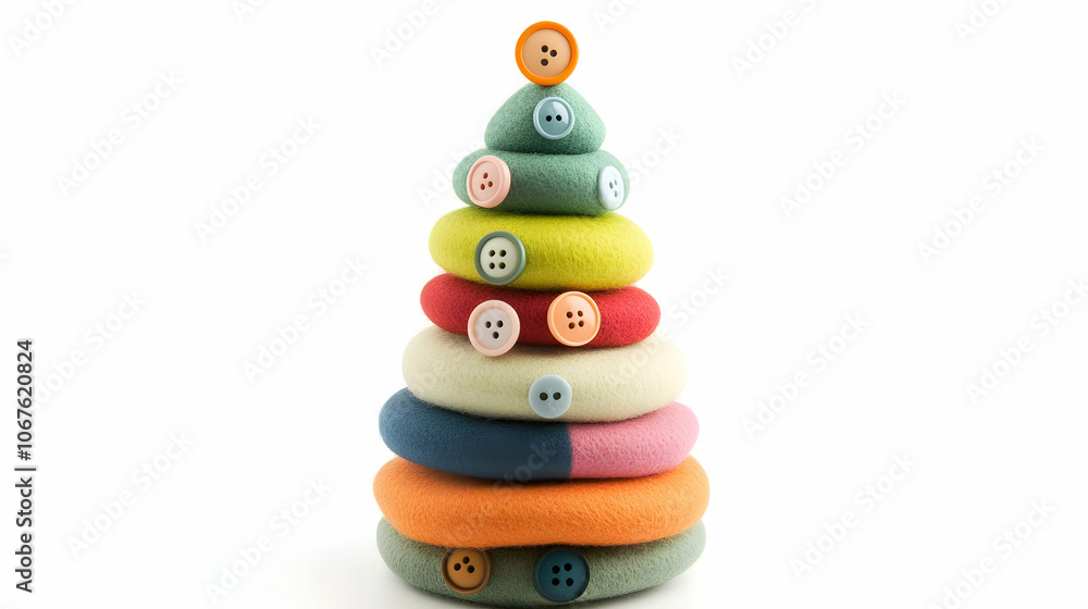 Felt holiday tree with button ornaments, playful and simple design, isolated on white background Felt holiday tree with button ornaments, playful and simple design, isolated on white background