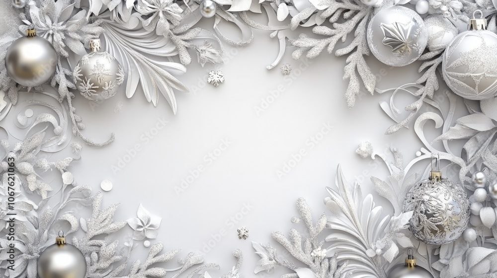 Elegant Christmas Card Design, featuring a white and silver theme, adorned with decorative ornaments, conveying a joyful holiday message, perfect for seasonal greetings. Elegant Christmas Card Design, featuring a white and silver theme, adorned with decorative ornaments, conveying a joyful holiday message, perfect for seasonal greetings.