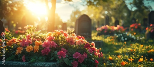 A close-up of colorful flowers blooming in a cemetery on a sunny day.