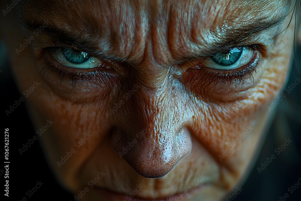 Intense gaze of an elderly woman with deep wrinkles and blue eyes expressing anger Intense gaze of an elderly woman with deep wrinkles and blue eyes expressing anger