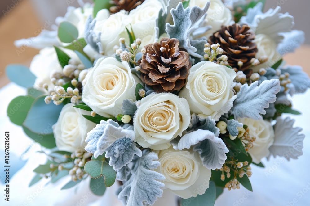 winter inspired bridal bouquet, featuring frosted white roses, silver dusted eucalyptus, and pinecones for a natural, wintry touch winter inspired bridal bouquet, featuring frosted white roses, silver dusted eucalyptus, and pinecones for a natural, wintry touch