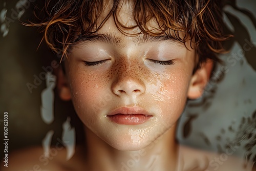 Peaceful child relaxing in water with closed eyes