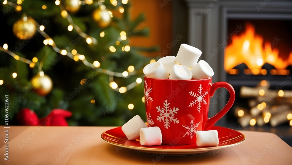 red Cup with marshmallows painted snowflake, in the background a Christmas tree and a fireplace warm colors New Year's atmosphere red Cup with marshmallows painted snowflake, in the background a Christmas tree and a fireplace warm colors New Year's atmosphere